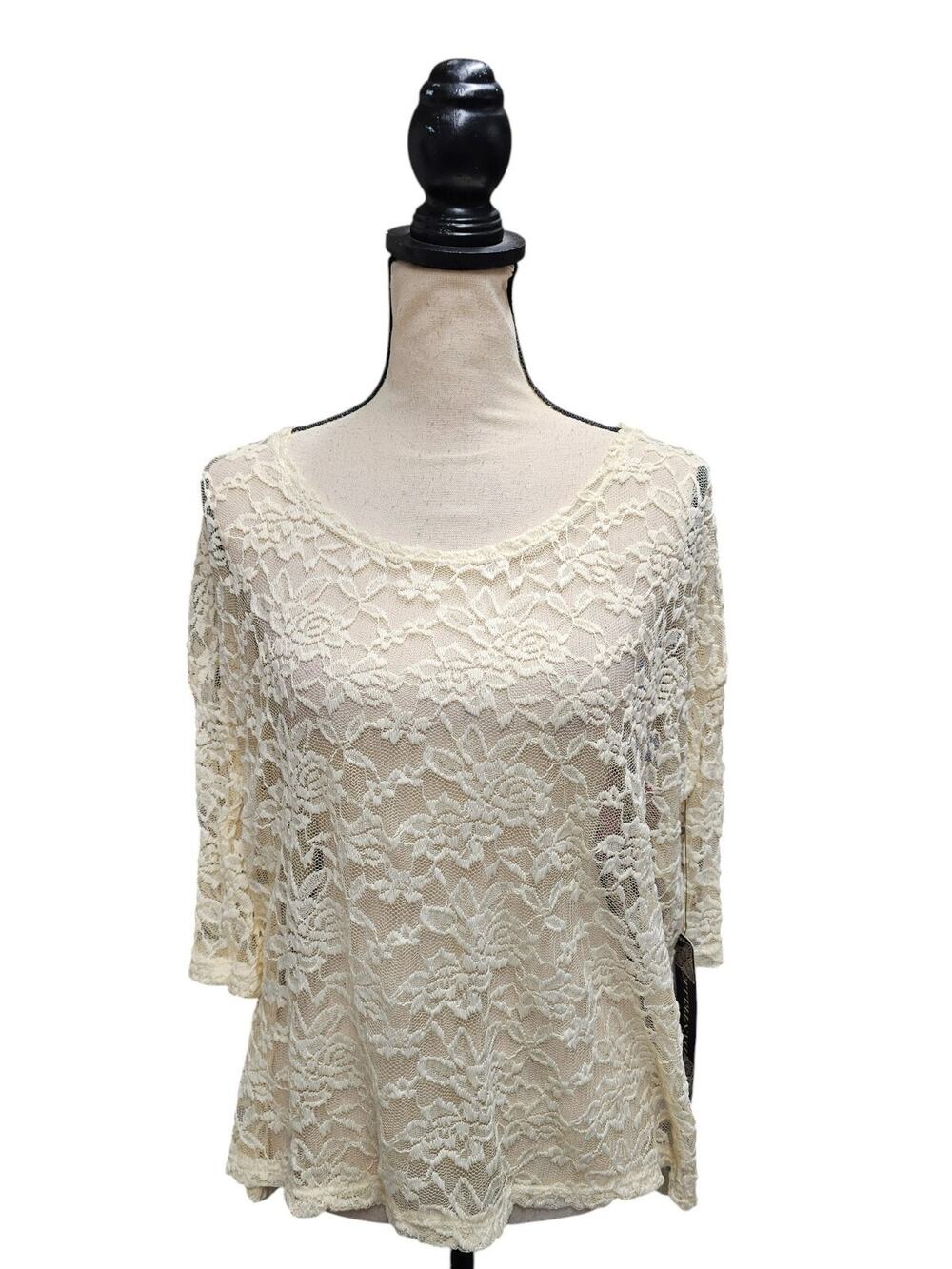 Dantelle Lace Cottagcore Top Sz L-XL Sheer Feminine Dainty 3/4 Sleeve